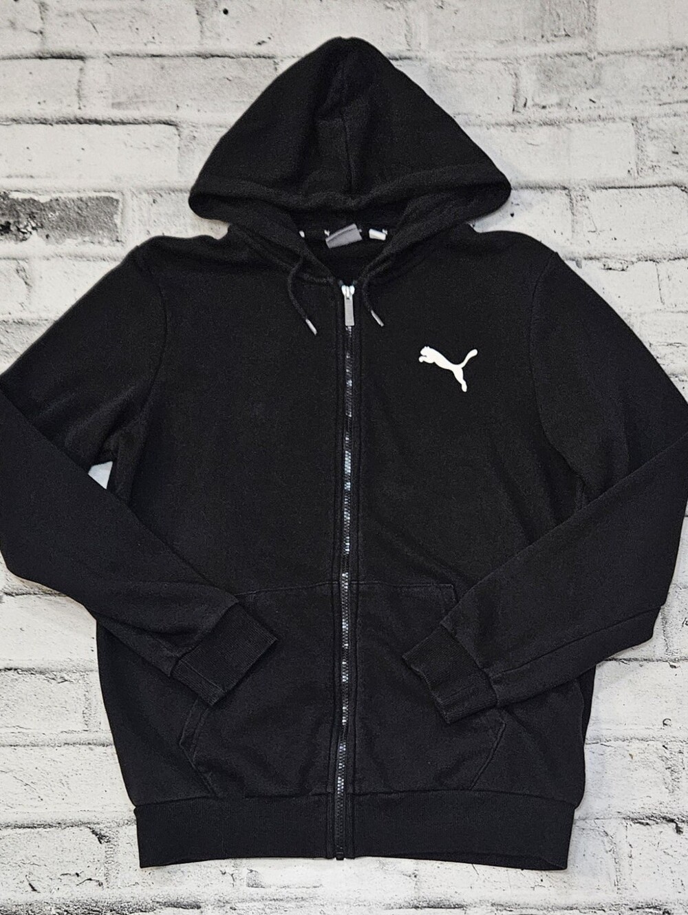 PUMA Essentials Mens Full Zip Hoodie Black Logo Sweatshirt Size Medium